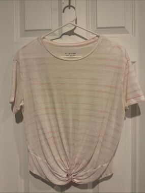 All Saints Pink and White Striped Knot-Front Short Sleeve Tee